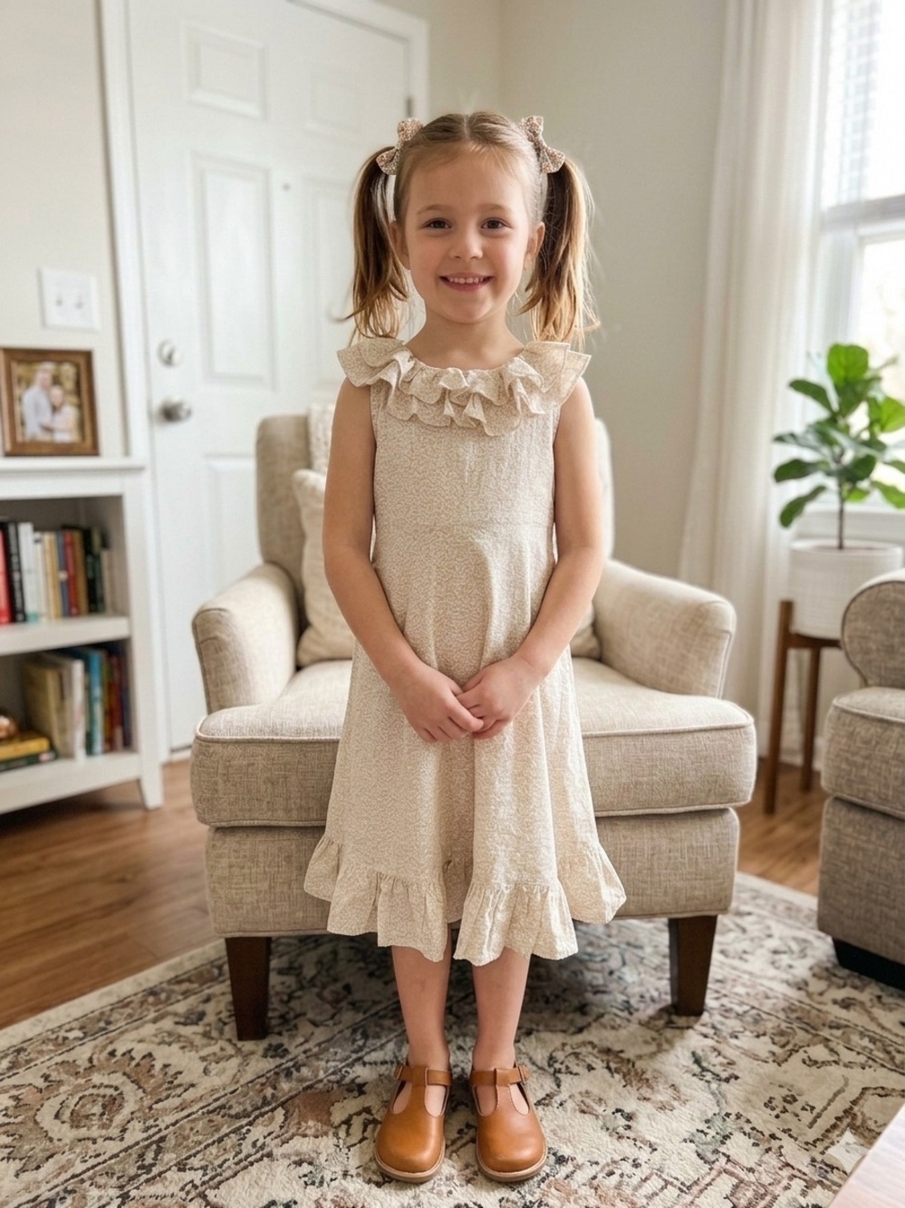 Aurora European Boutique Cream Floral Ruffle Dress 100% Cotton Lined Size 6 30